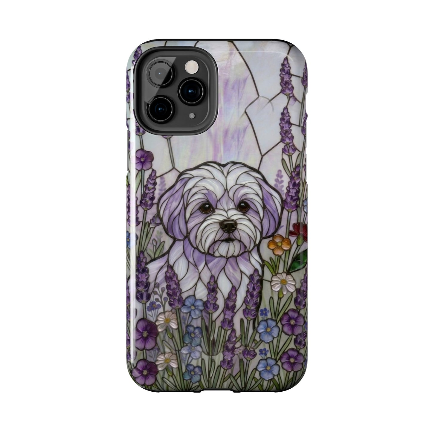 Phone case with a dog illustration in a floral setting on a white background