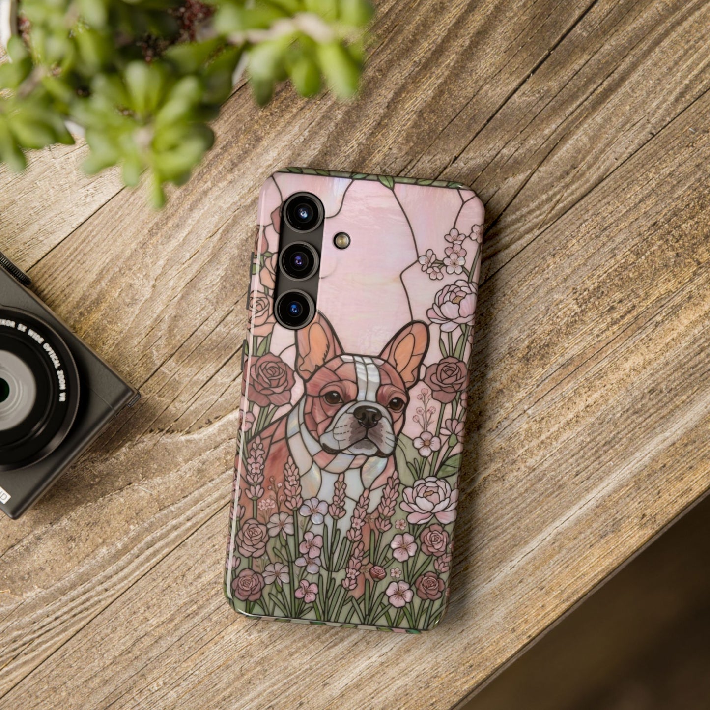 Frenchie Stained Glass Style Tough Case — Rose Garden Theme