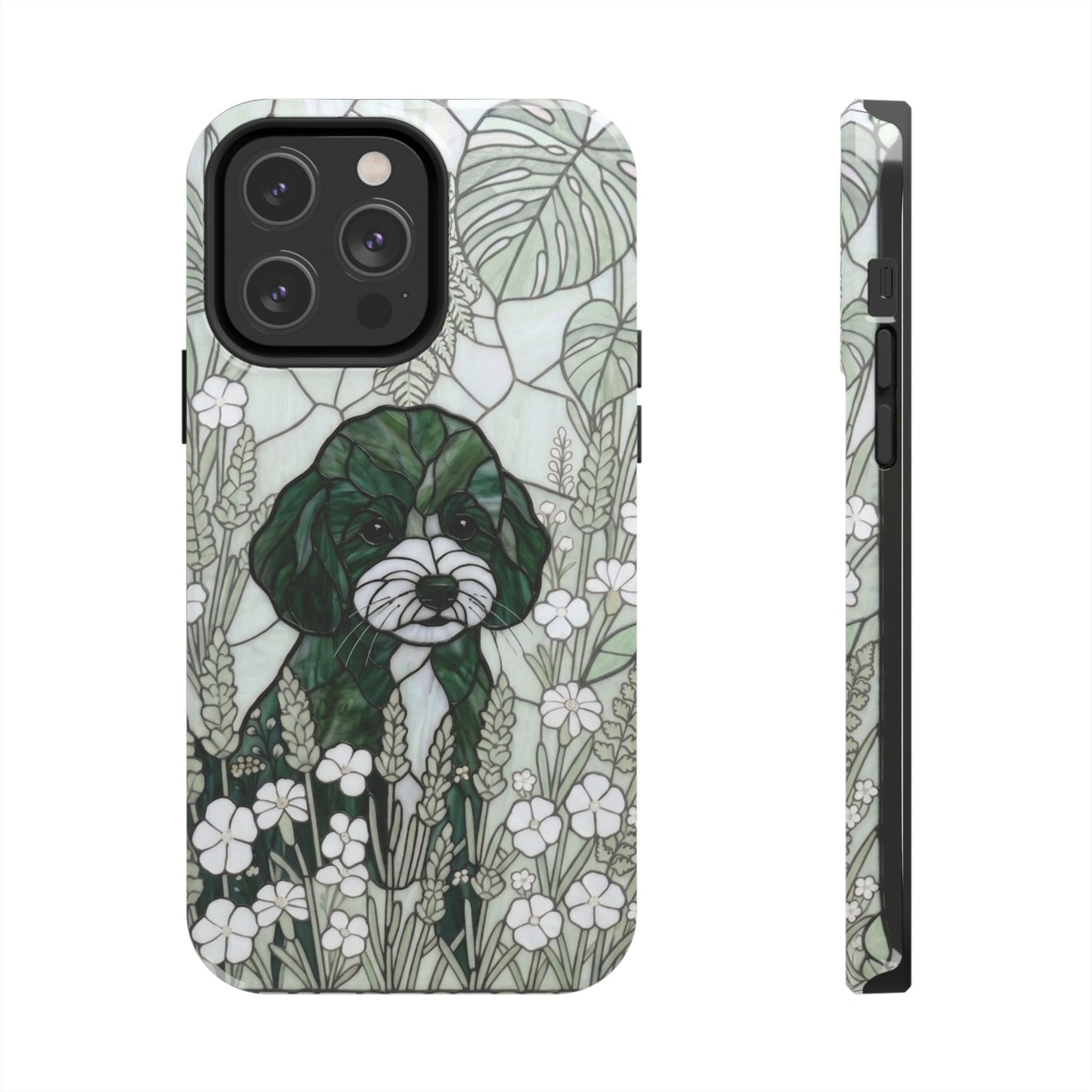 Toy Poodle Stained Glass Style Tough Case — Botanical Green Theme