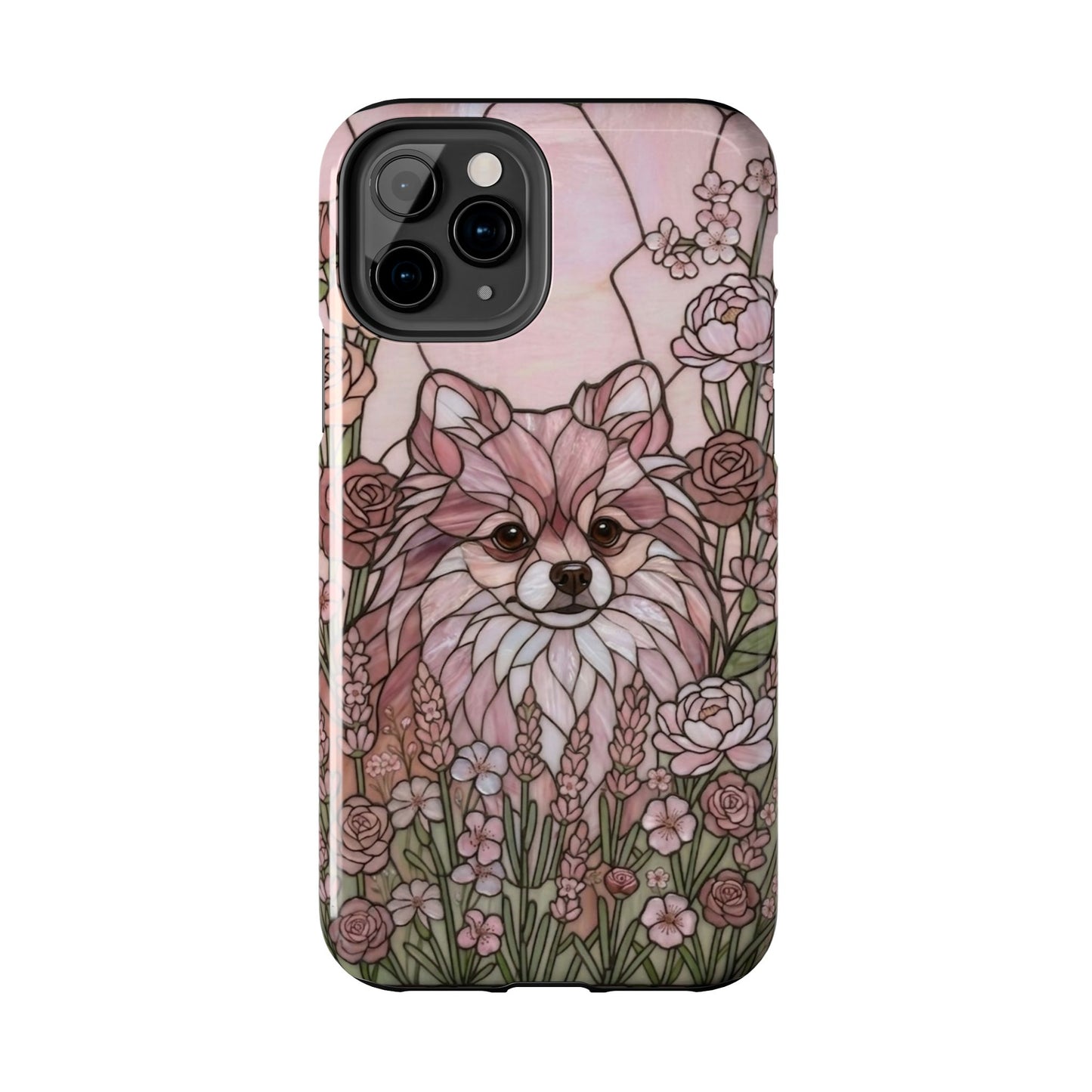 Phone case with a dog illustration surrounded by flowers on a white background