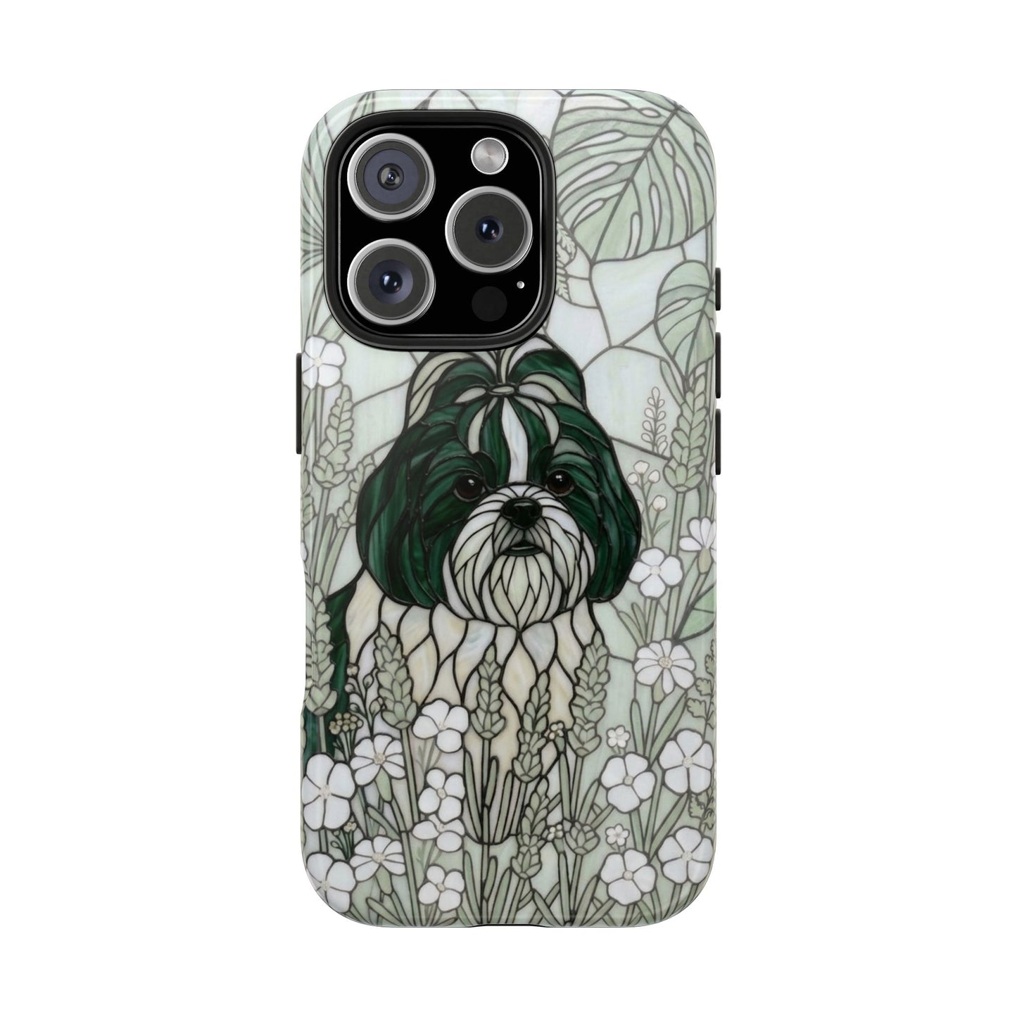 Shih Tzu Stained Glass Style Tough Case — Botanical Green Theme
