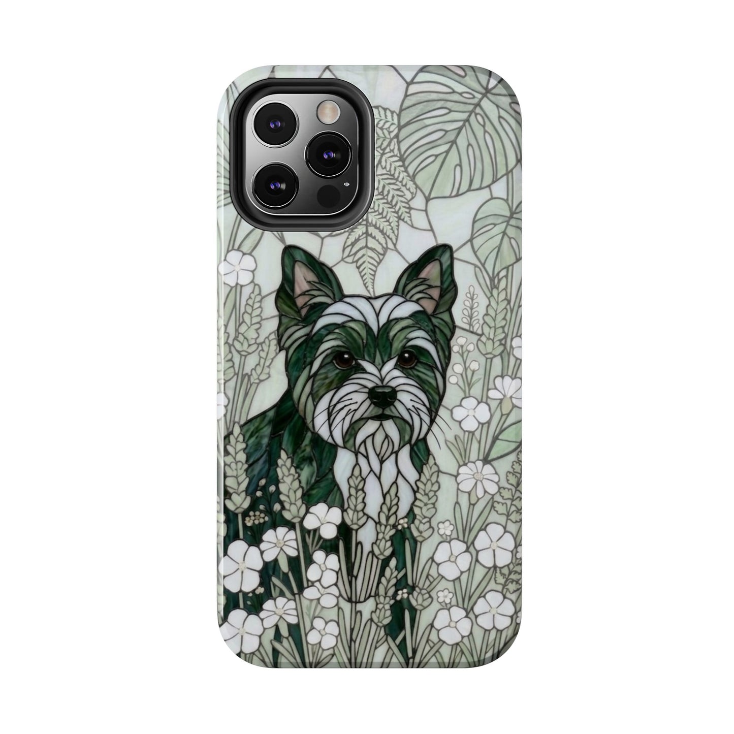 Yorkie Stained Glass Style Tough Case — Botanical Green Theme