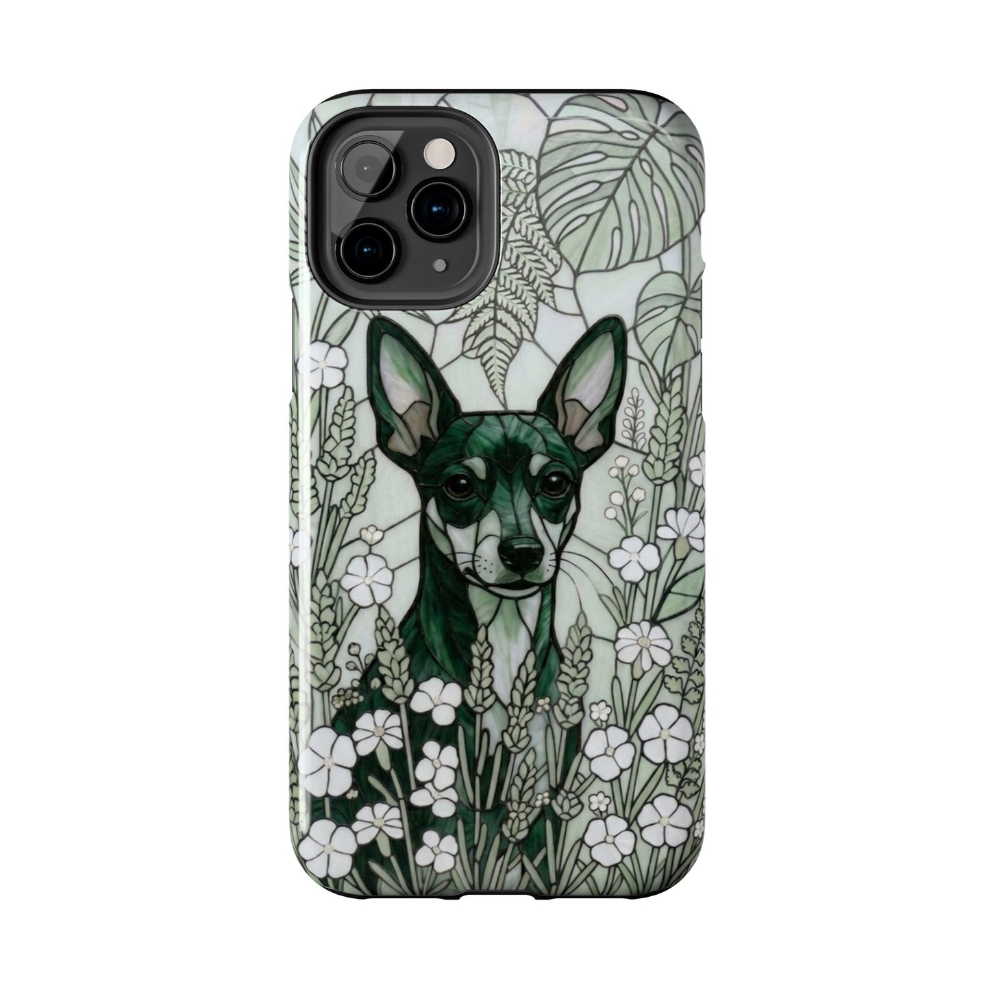 Phone case with a dog illustration in a floral and leafy design on a white background
