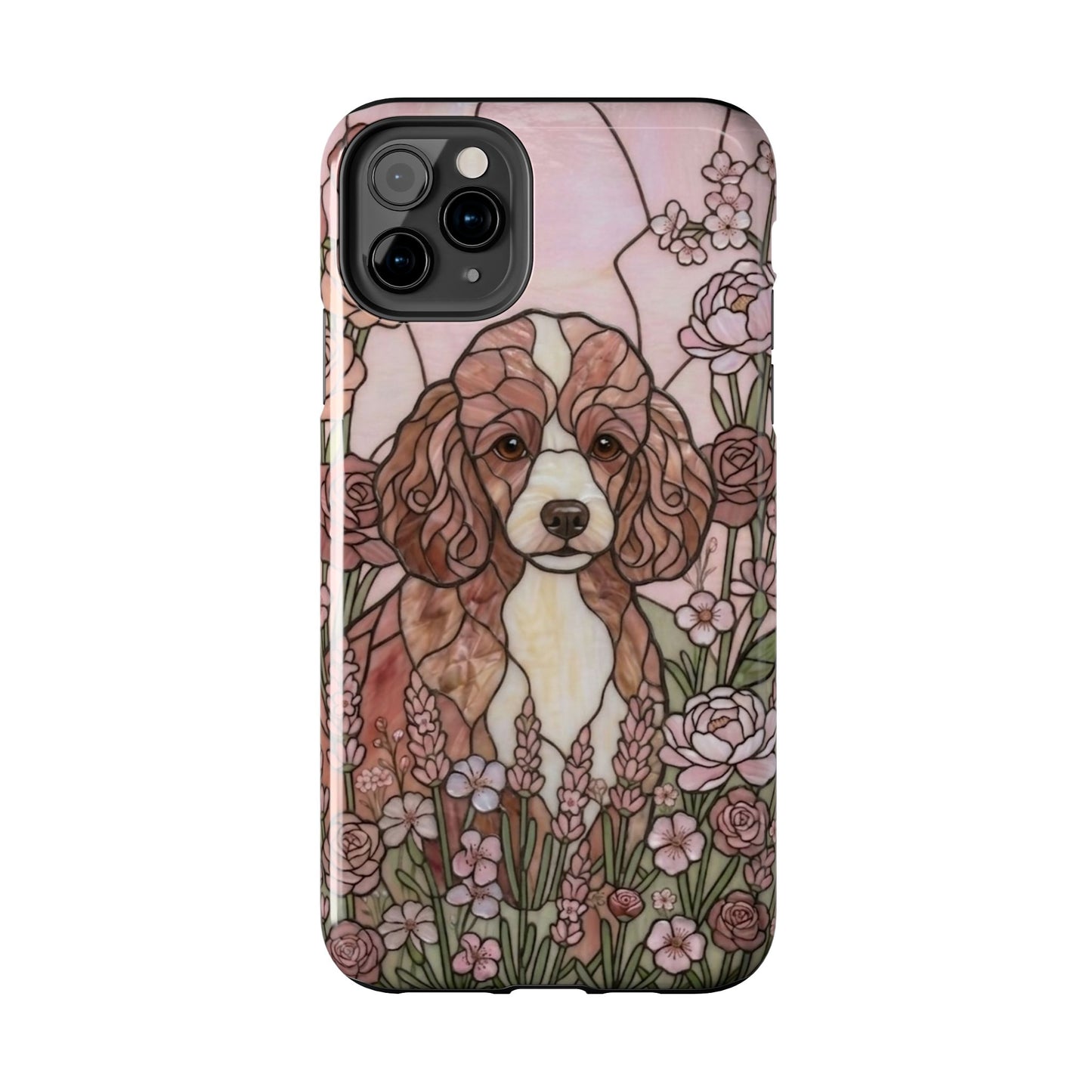 Phone case with a dog illustration and floral design on a white background