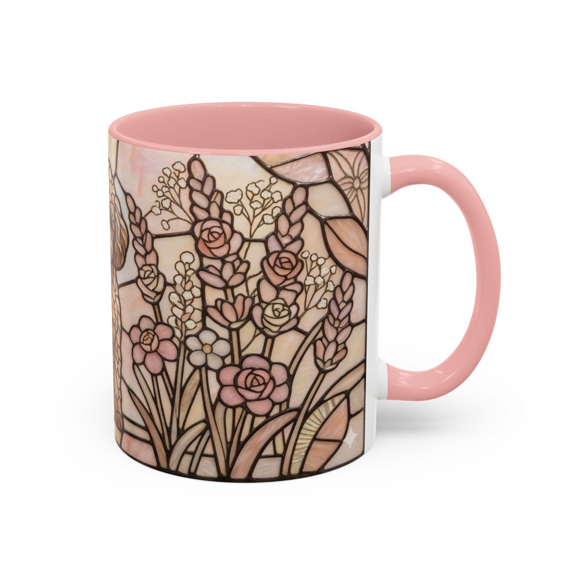 Mug with floral design and pink handle on a white background