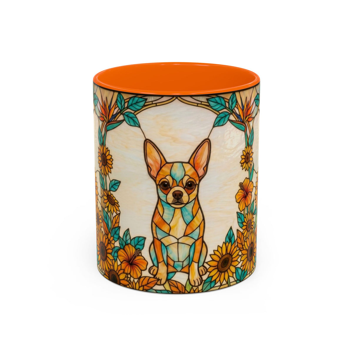 A cylindrical ceramic cup with a bright orange interior and exterior band, featuring a stained-glass style illustration of a chihuahua dog surrounded by sunflowers and teal leaves on a cream background.