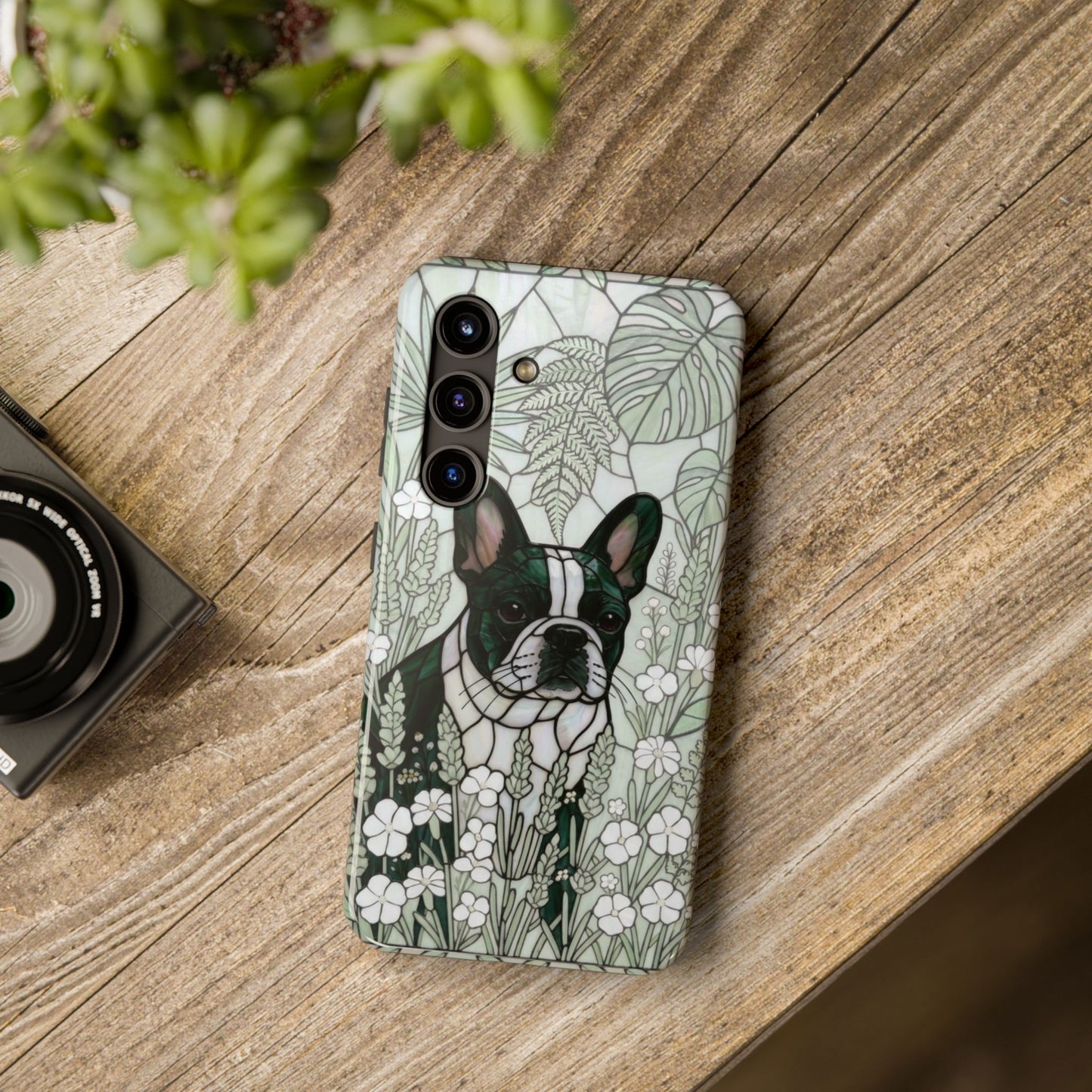 Frenchie Stained Glass Style Tough Case — Botanical GreenTheme