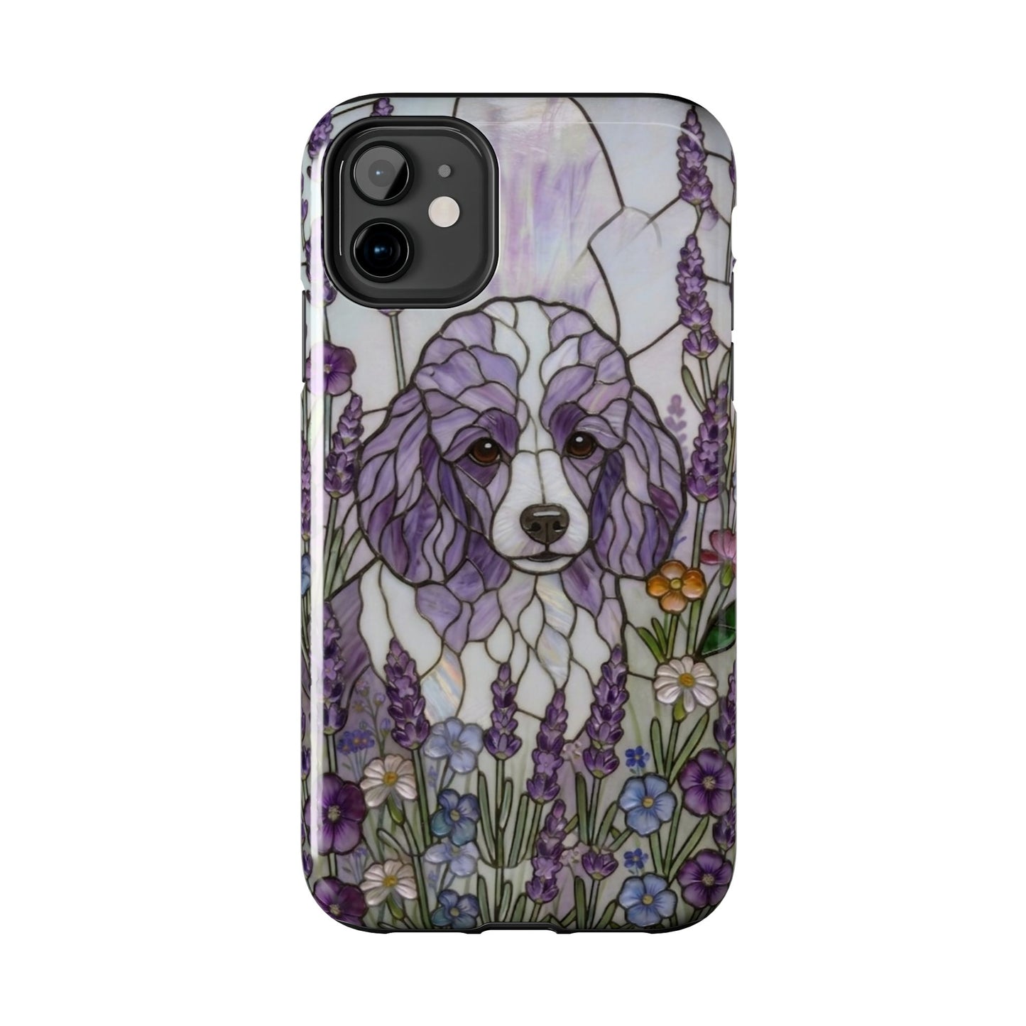 Phone case with a stylized dog and floral design on a white background