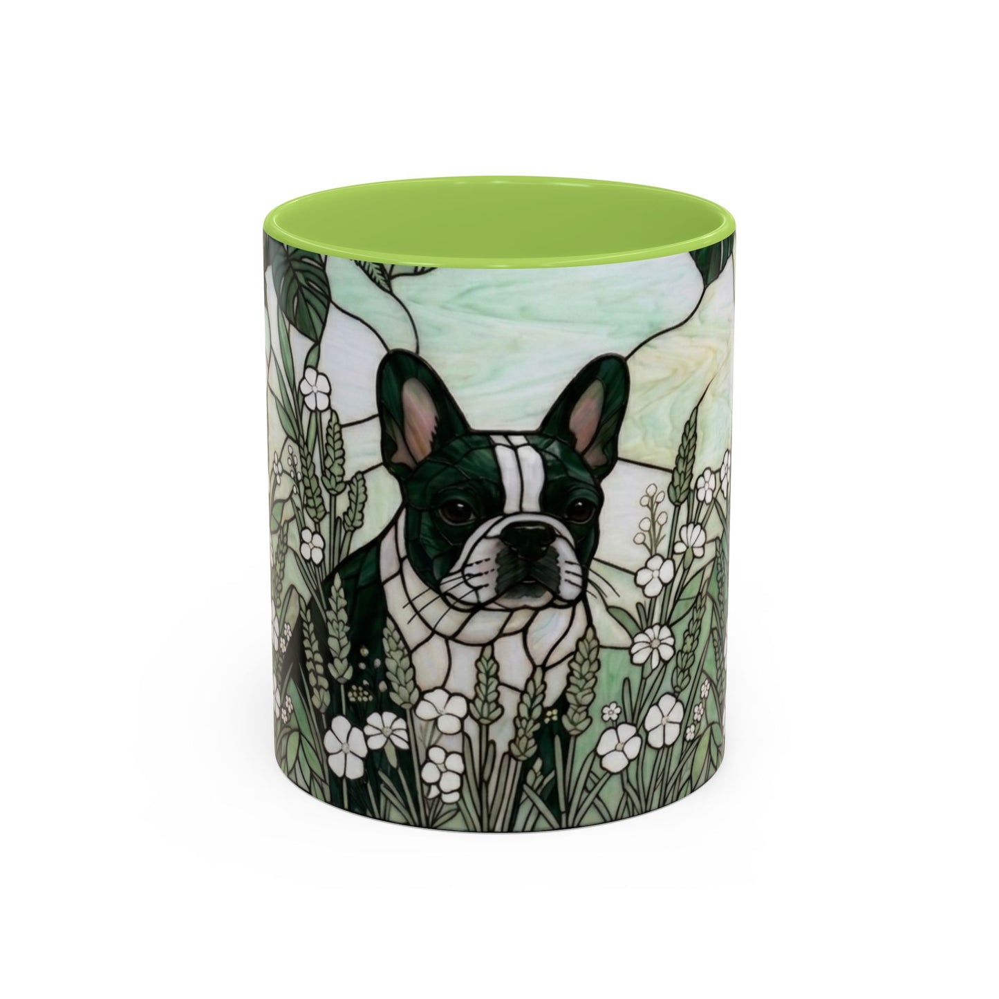 Stained Glass French Bulldog Coffee Mug — Botanical Green Theme