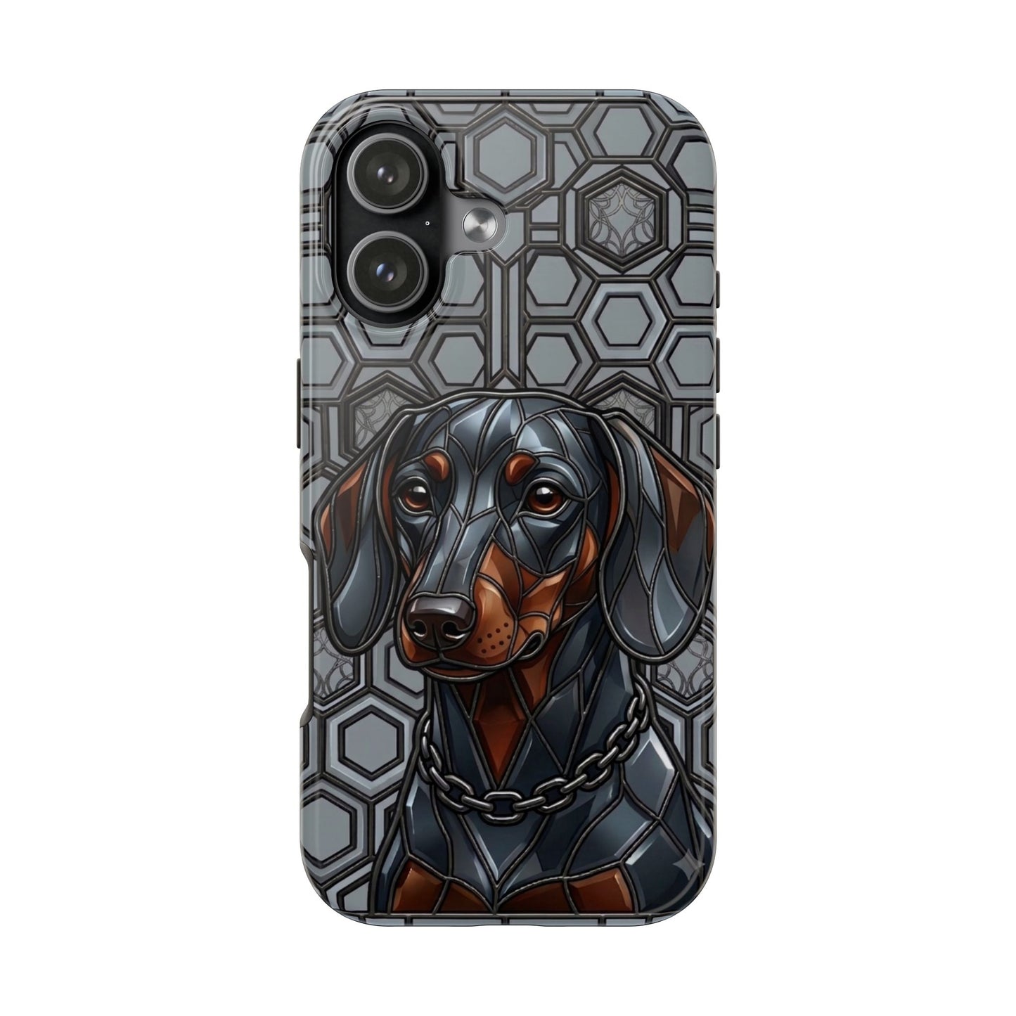 Phone case with a dachshund design on a geometric patterned background