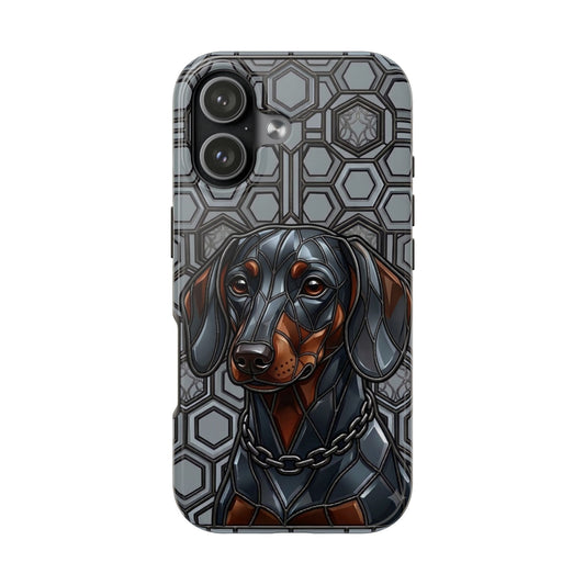 Phone case with a dachshund design on a geometric patterned background