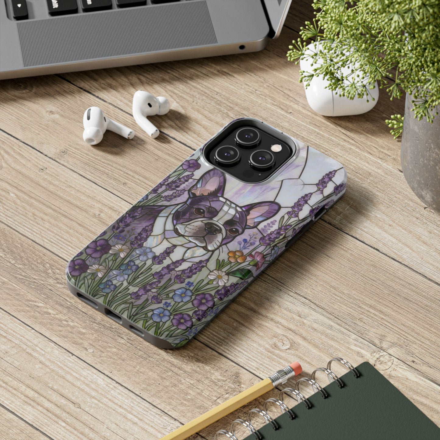 Frenchie Stained Glass Style Tough Case —Lavender Floral Theme