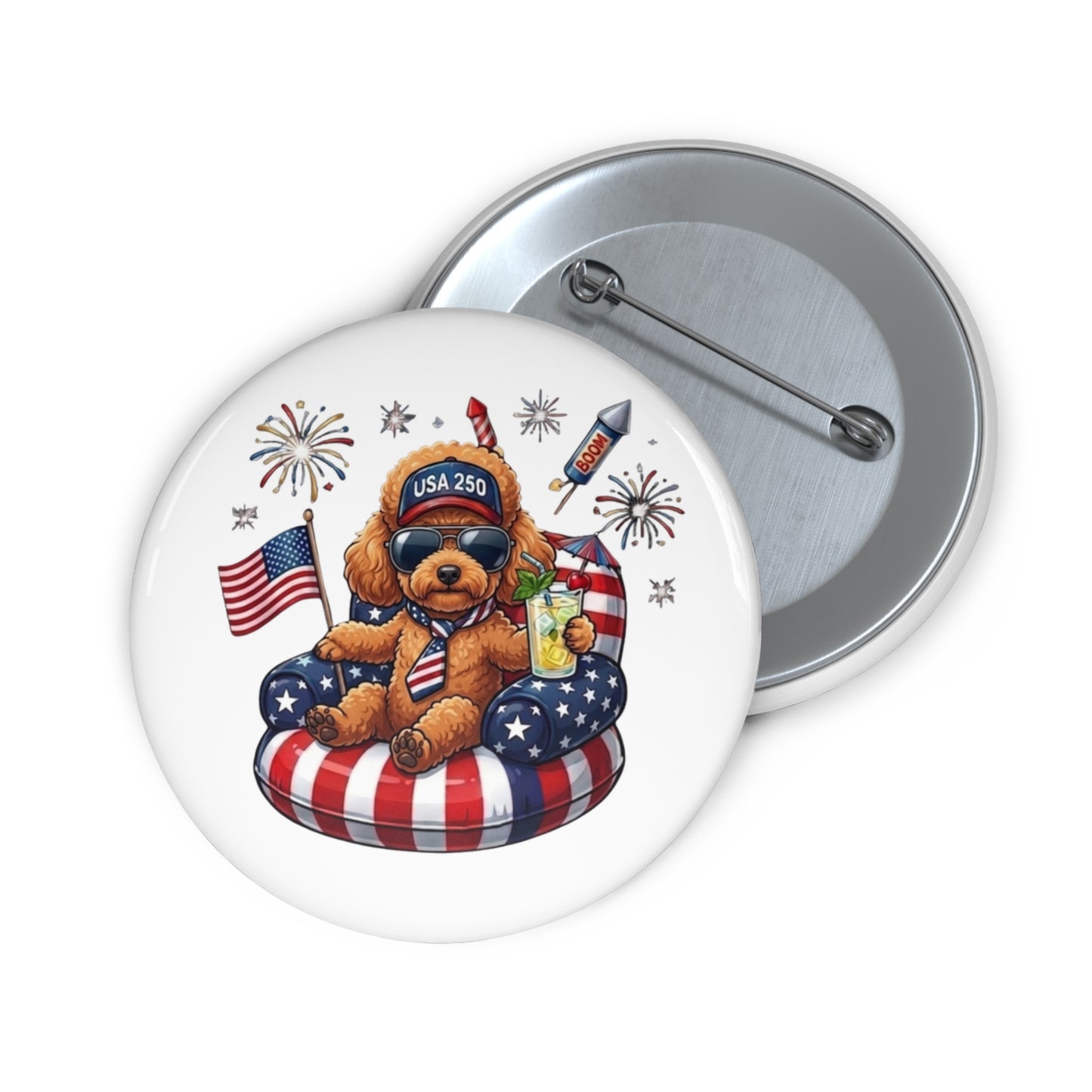 Button badge with a teddy bear design featuring American flags and fireworks on a white background.