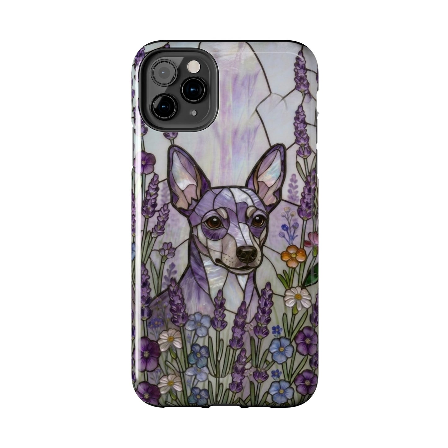 Phone case with a dog illustration in a field of flowers on a white background