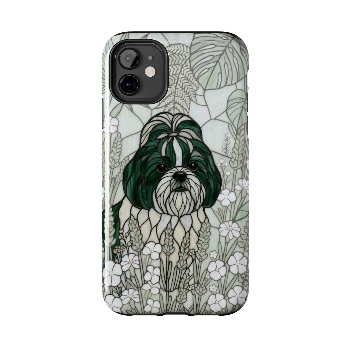 Phone case with a dog illustration in a floral pattern on a white background