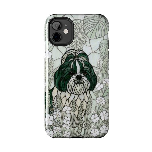 Phone case with a dog illustration in a floral pattern on a white background