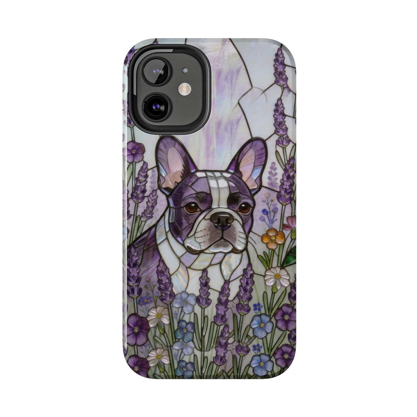 Frenchie Stained Glass Style Tough Case —Lavender Floral Theme