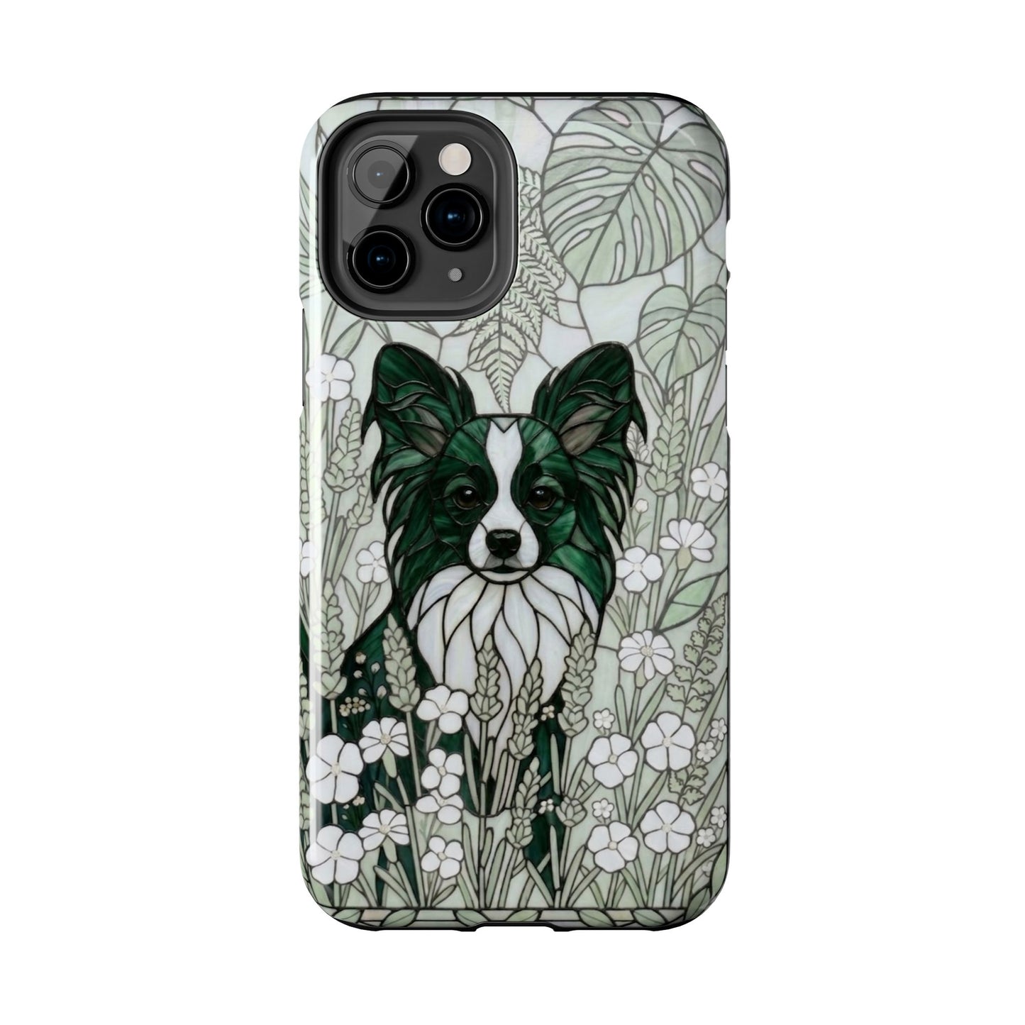 Phone case with a green and white dog illustration on a floral background