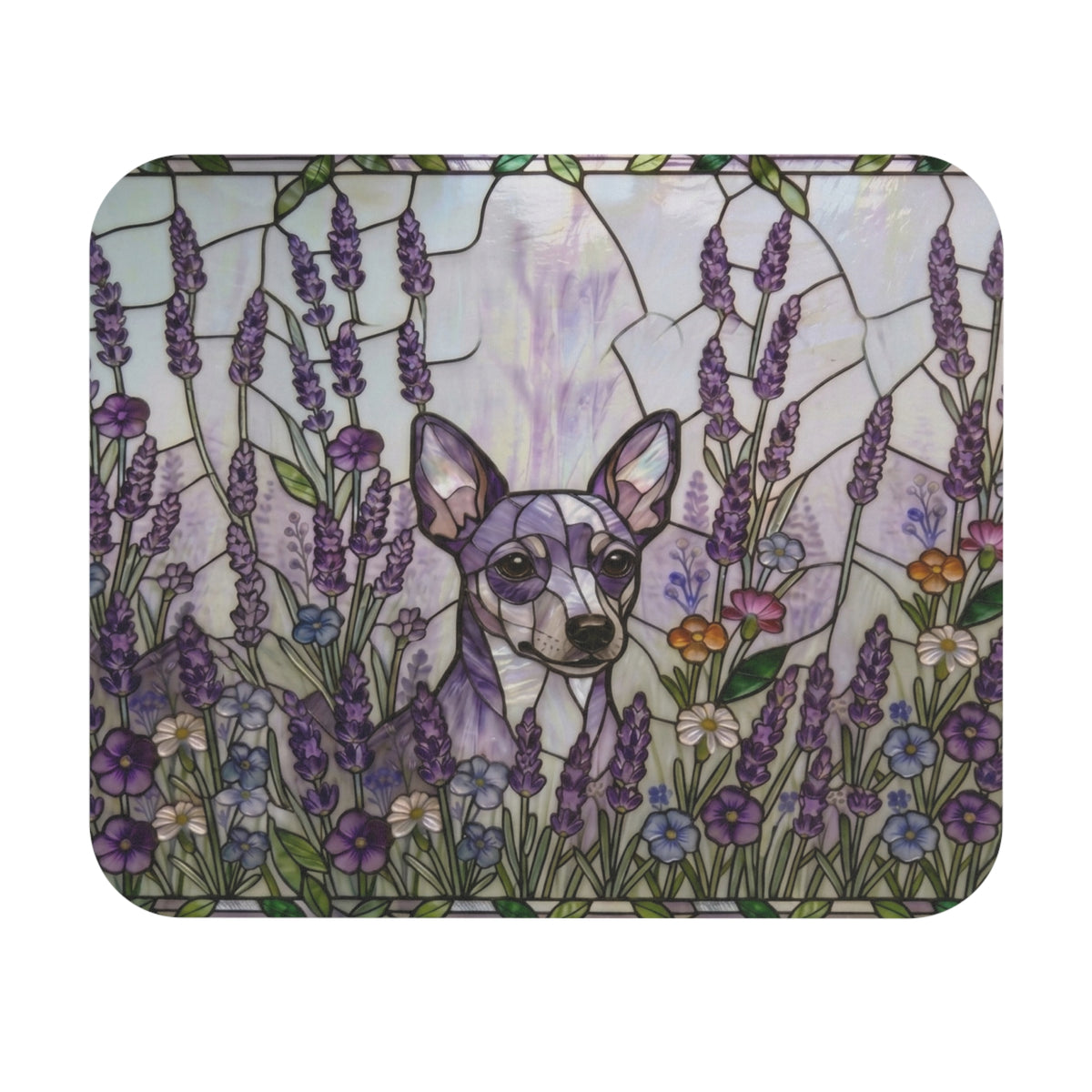 A square decorative item with rounded corners featuring a stained-glass-style illustration of a small dog surrounded by lavender and wildflowers on a white background.