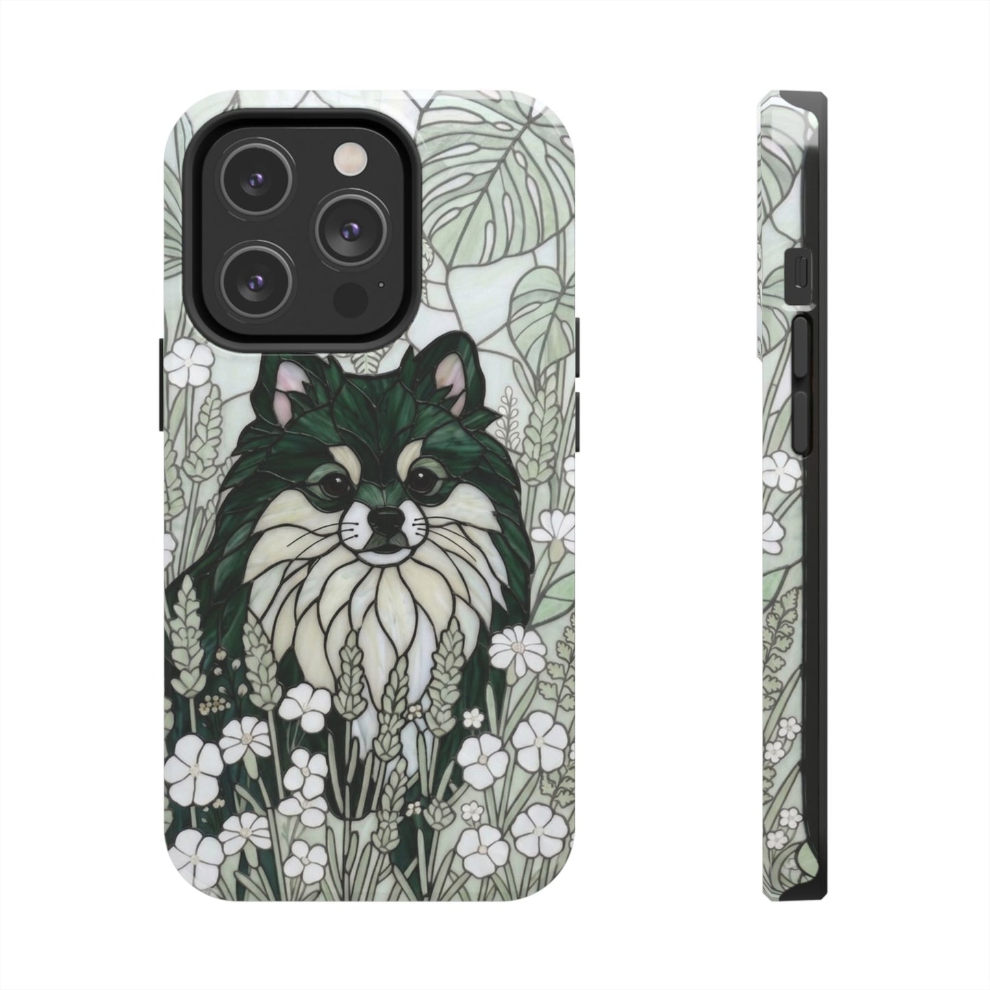 Pomeranian Stained Glass Style Tough Case — Botanical Green Theme