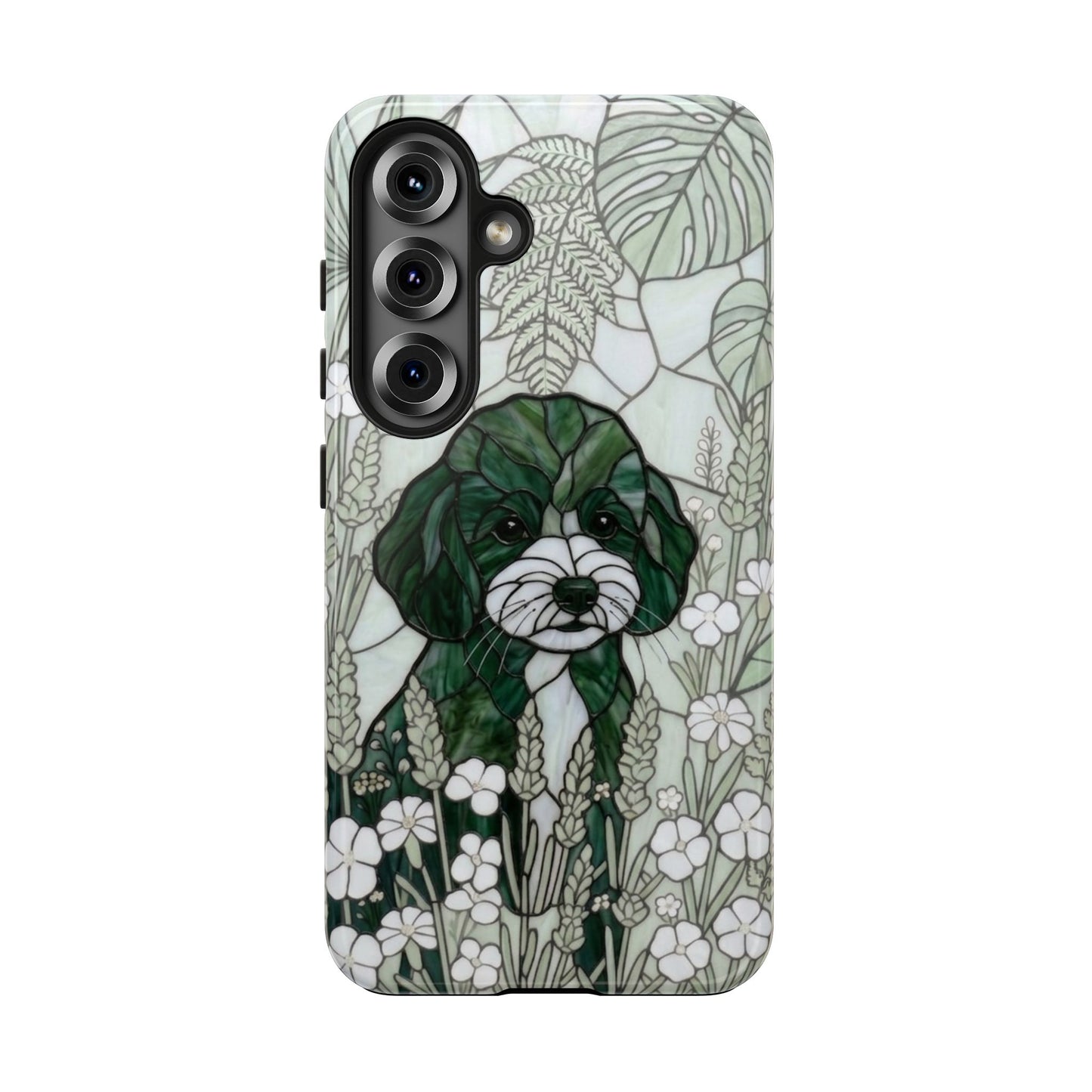Toy Poodle Stained Glass Style Tough Case — Botanical Green Theme