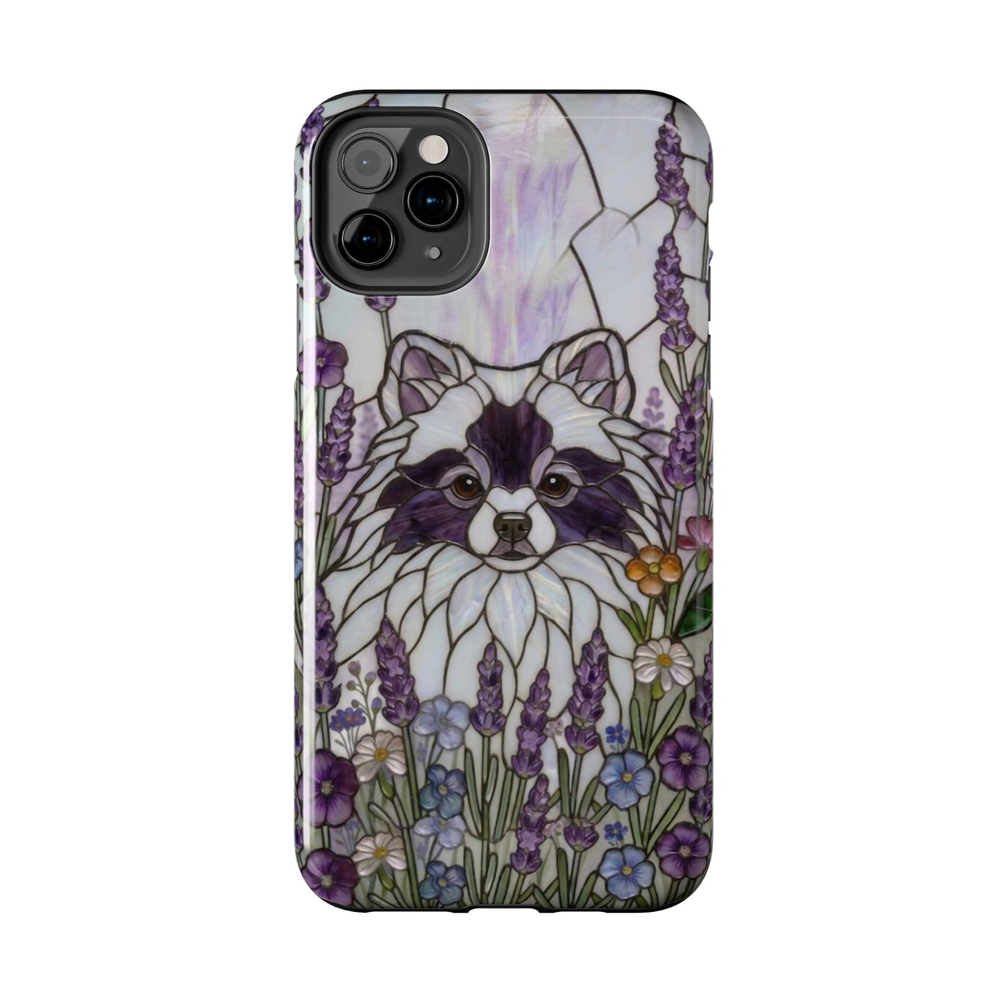 Phone case with raccoon illustration and floral design on a white background