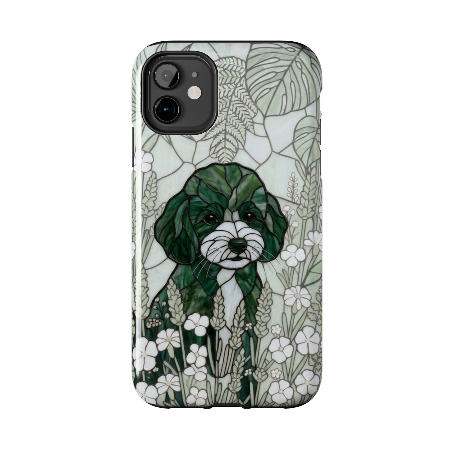 Phone case with a dog illustration surrounded by leaves and flowers on a white background