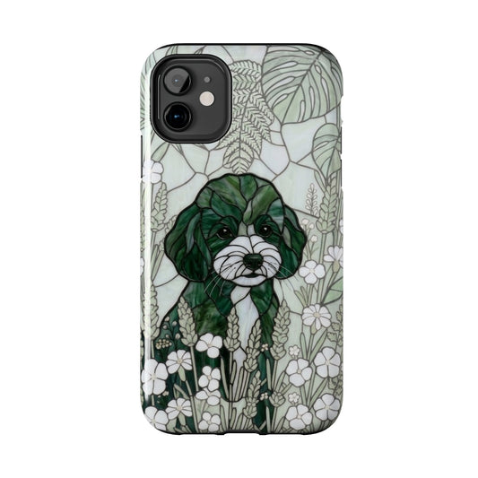 Phone case with a dog illustration surrounded by leaves and flowers on a white background