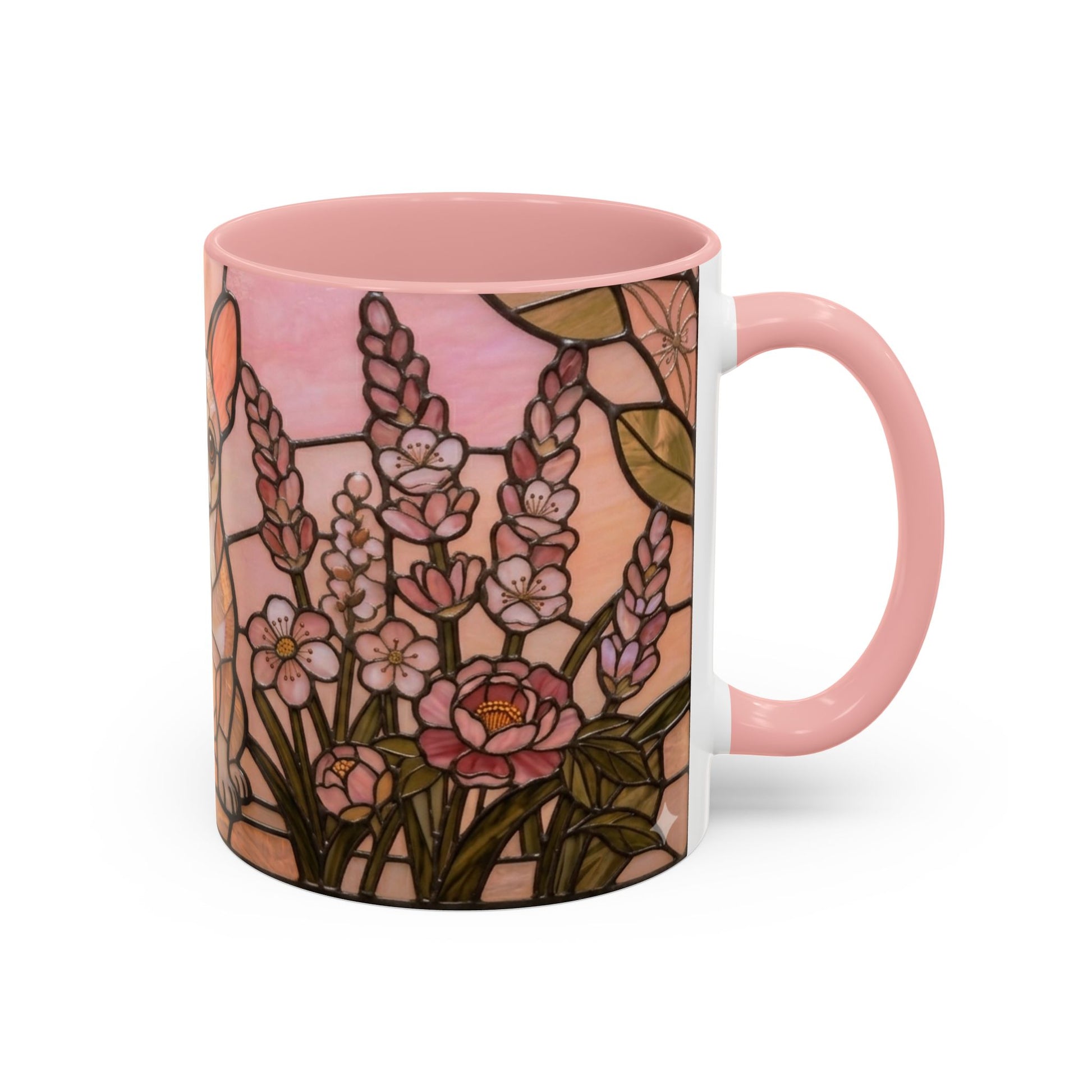 Pink mug with floral design on a white background