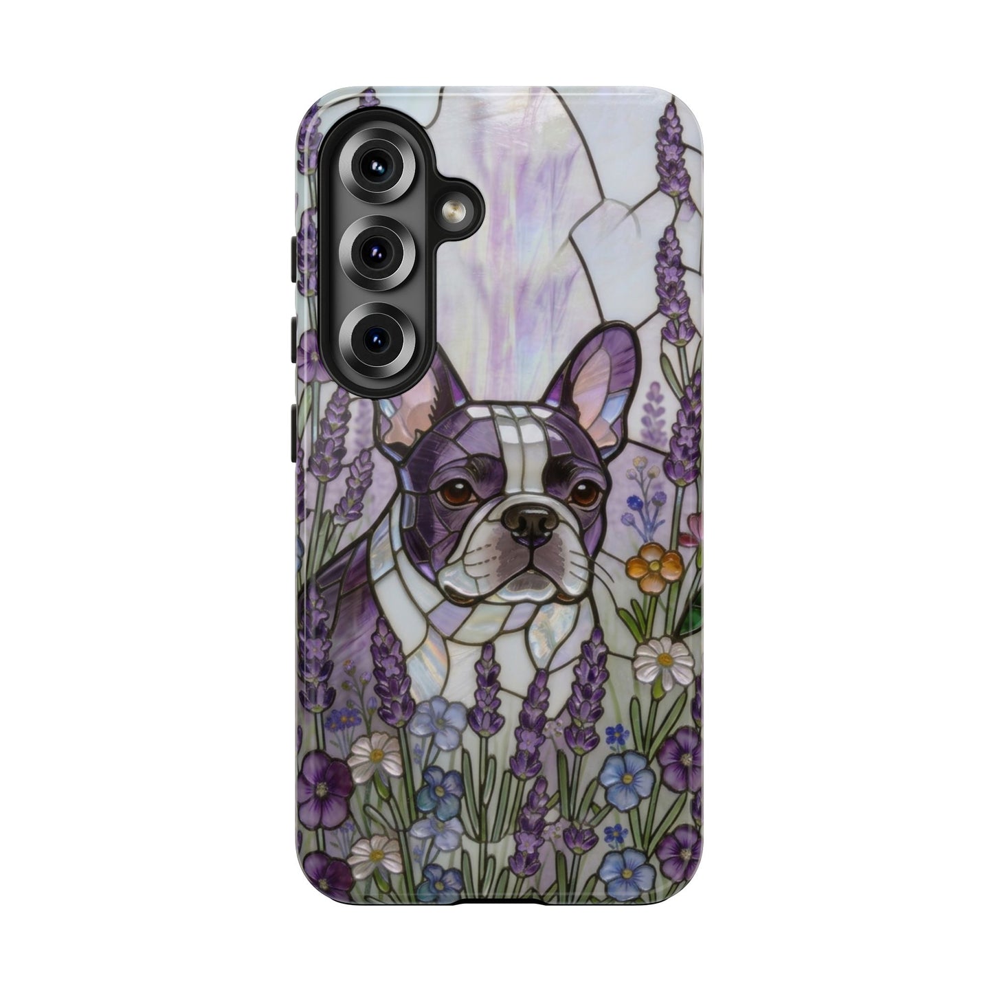 Frenchie Stained Glass Style Tough Case —Lavender Floral Theme