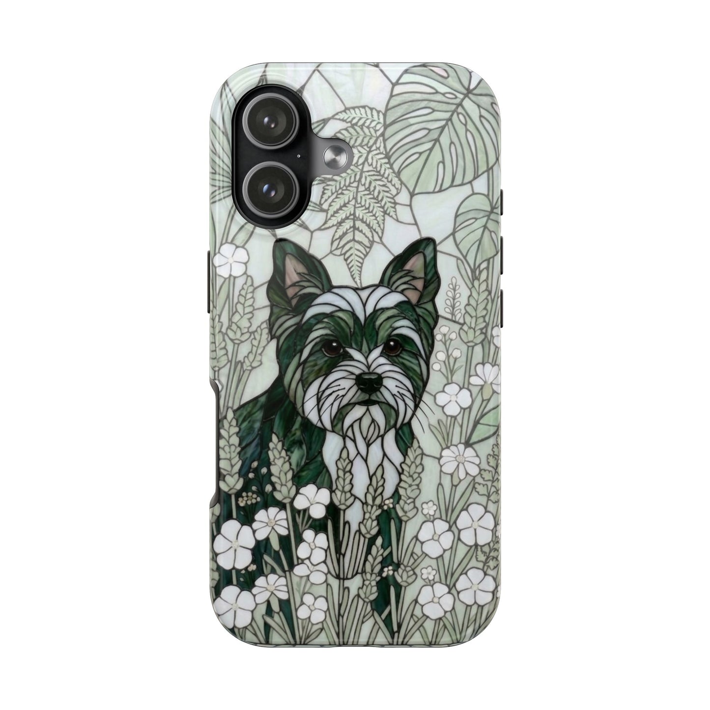 Yorkie Stained Glass Style Tough Case — Botanical Green Theme