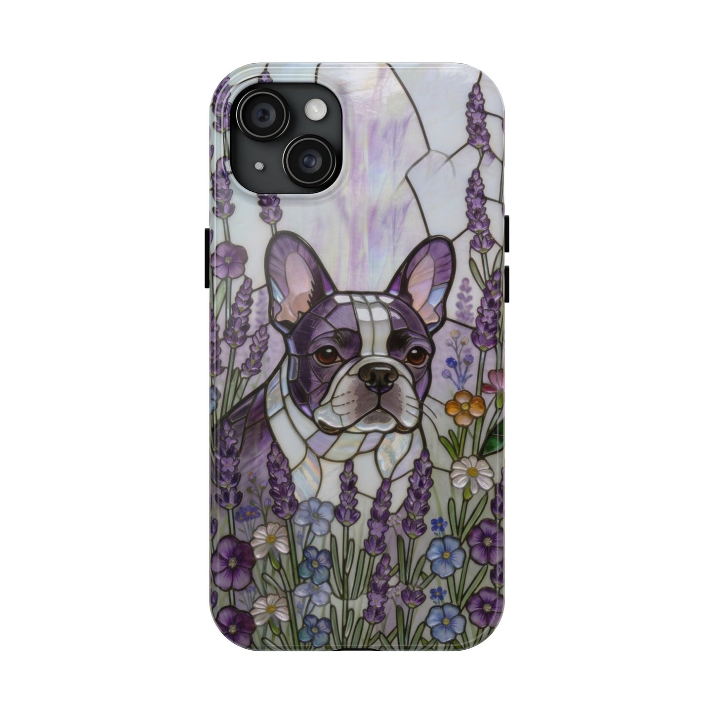 Frenchie Stained Glass Style Tough Case —Lavender Floral Theme