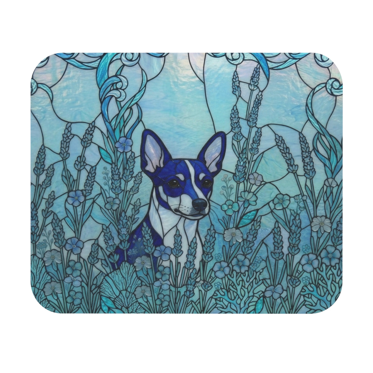 A square product with rounded corners featuring a stained-glass-style illustration of a Boston Terrier surrounded by blue and white flowers on a light aqua background.