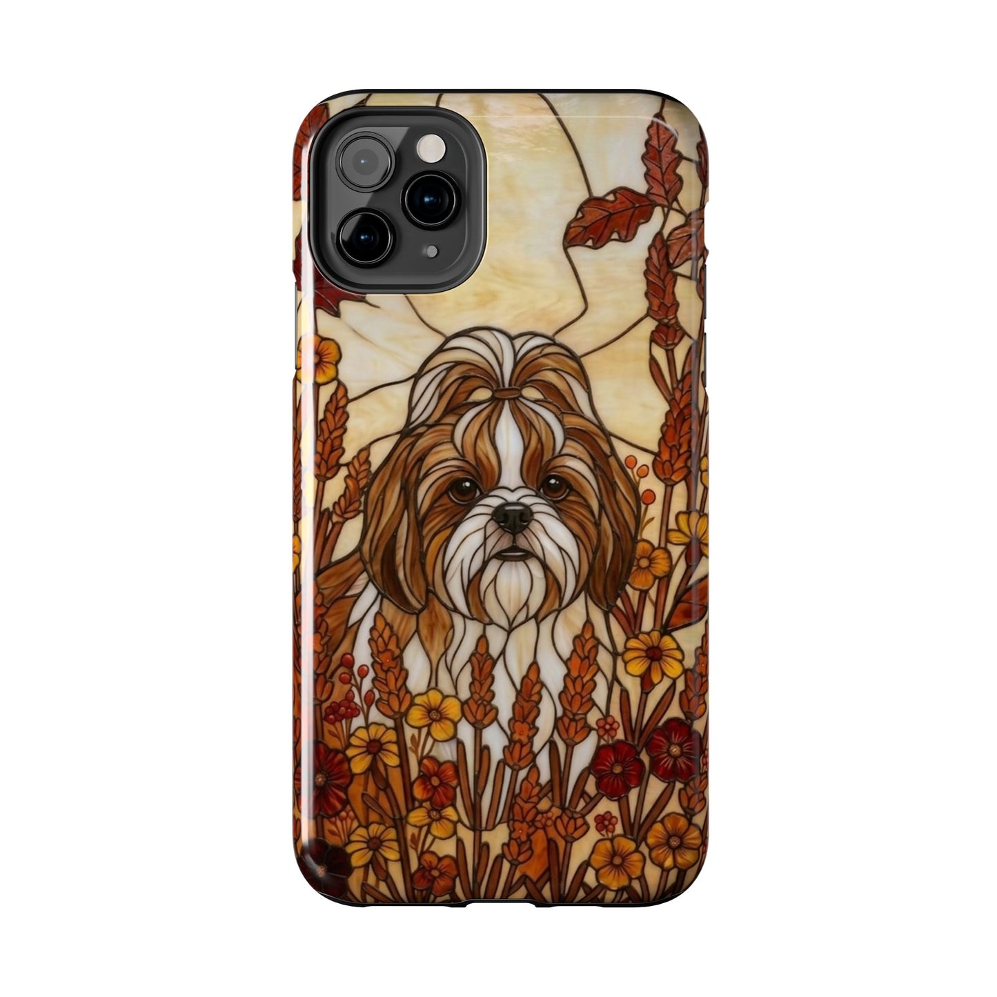 Phone case with a dog illustration and floral design on a white background