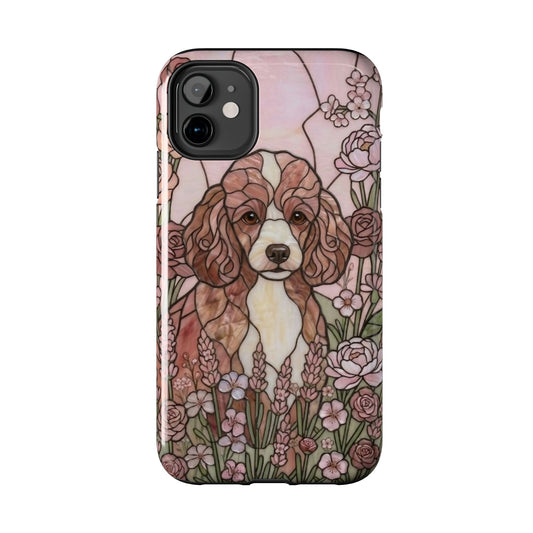 Phone case with a dog and floral design on a white background