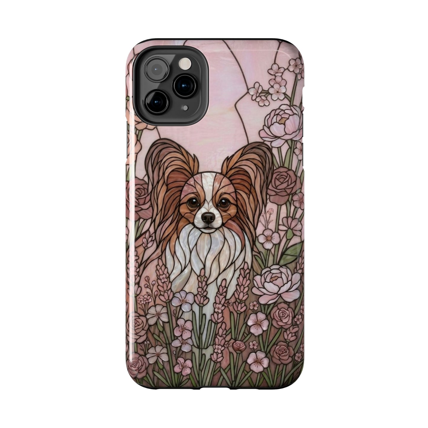 Phone case with a dog illustration and floral design on a white background