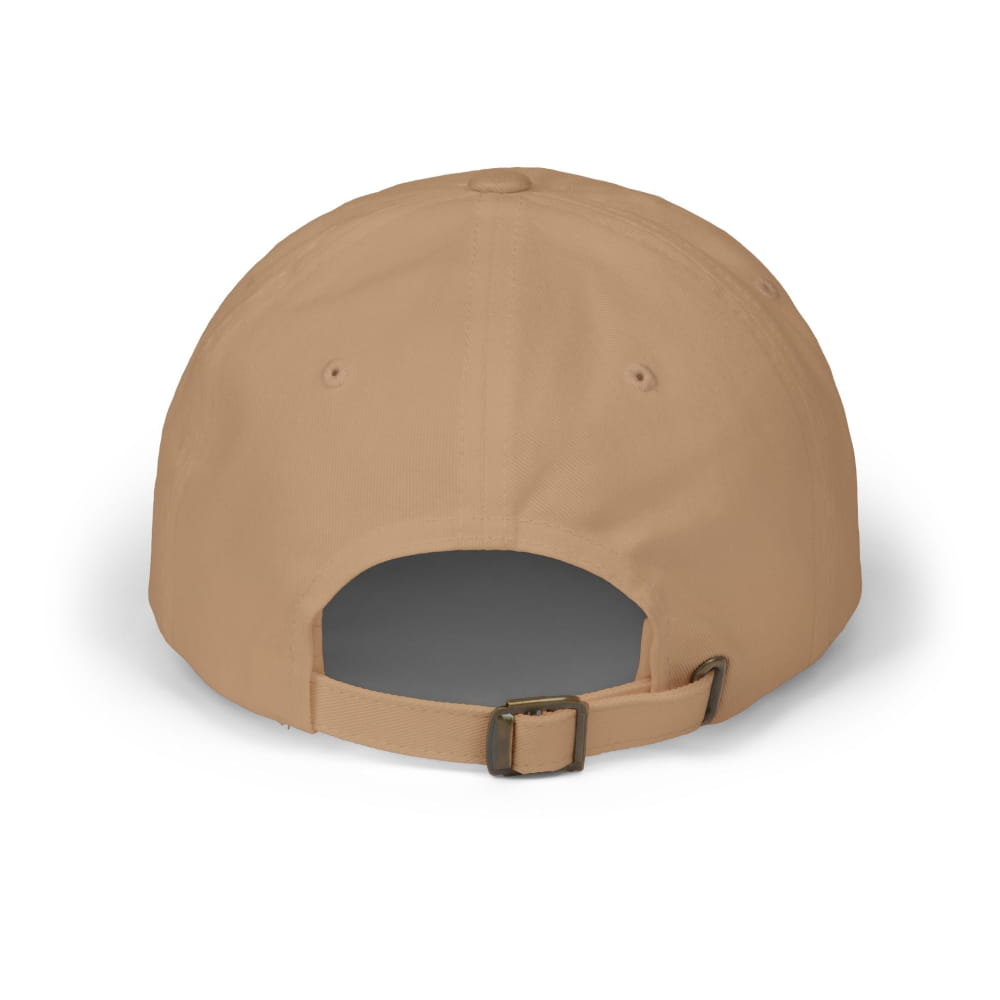 Back of a Khaki "7 Pound Tyrant" Miniature Pinscher cap with black dog silhouette embroidery.