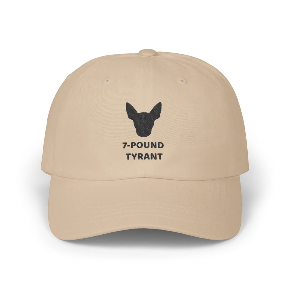 Beige "7-Pound Tyrant" Miniature Pinscher cap with black dog silhouette embroidery.