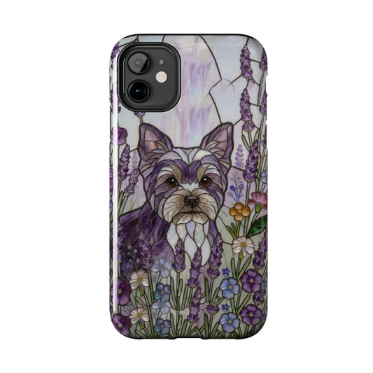 Phone case with a dog illustration and floral design on a white background