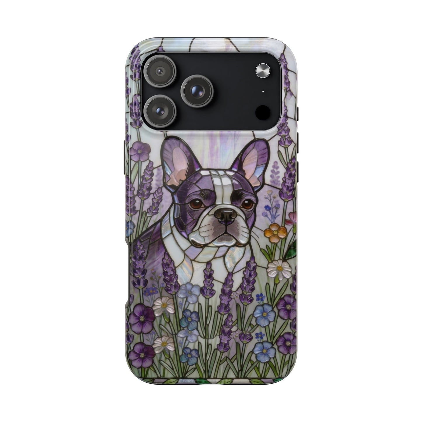 Frenchie Stained Glass Style Tough Case —Lavender Floral Theme