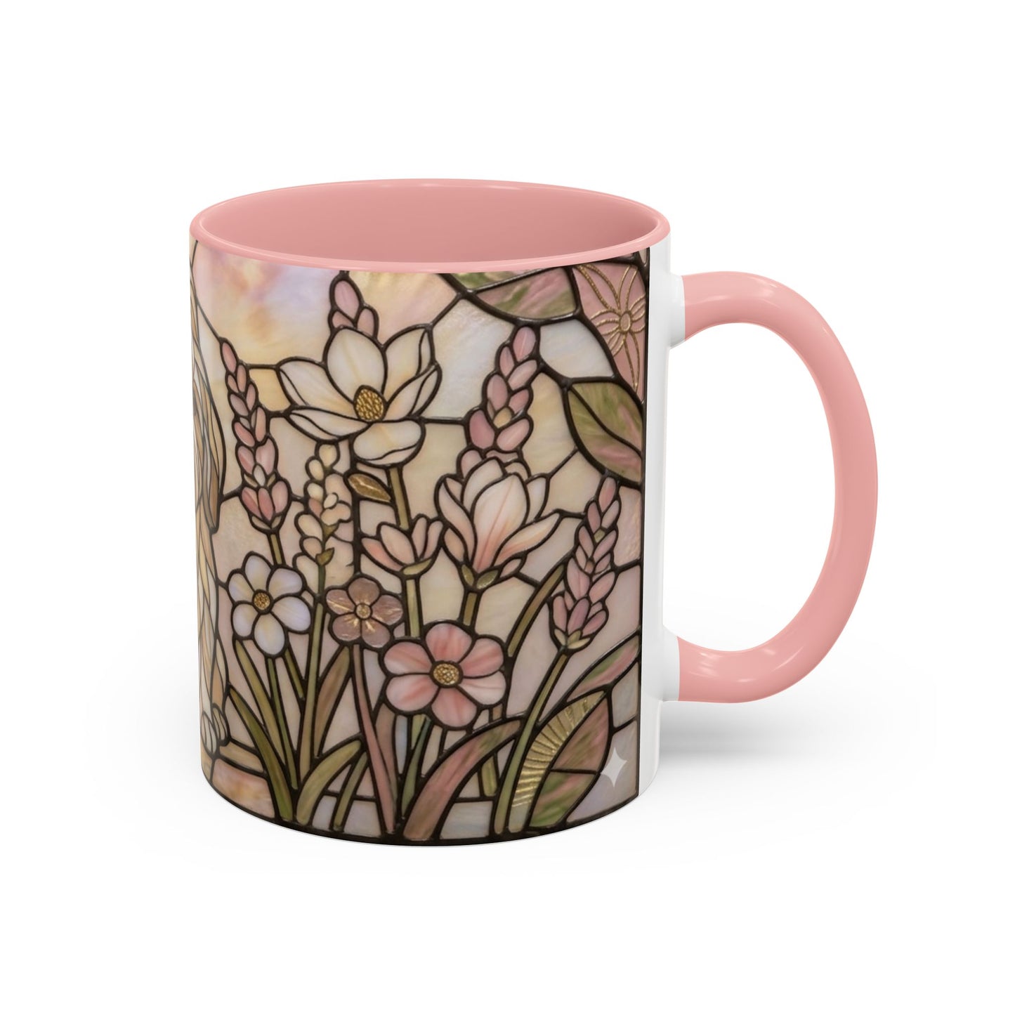 Mug with floral design and pink handle on a white background