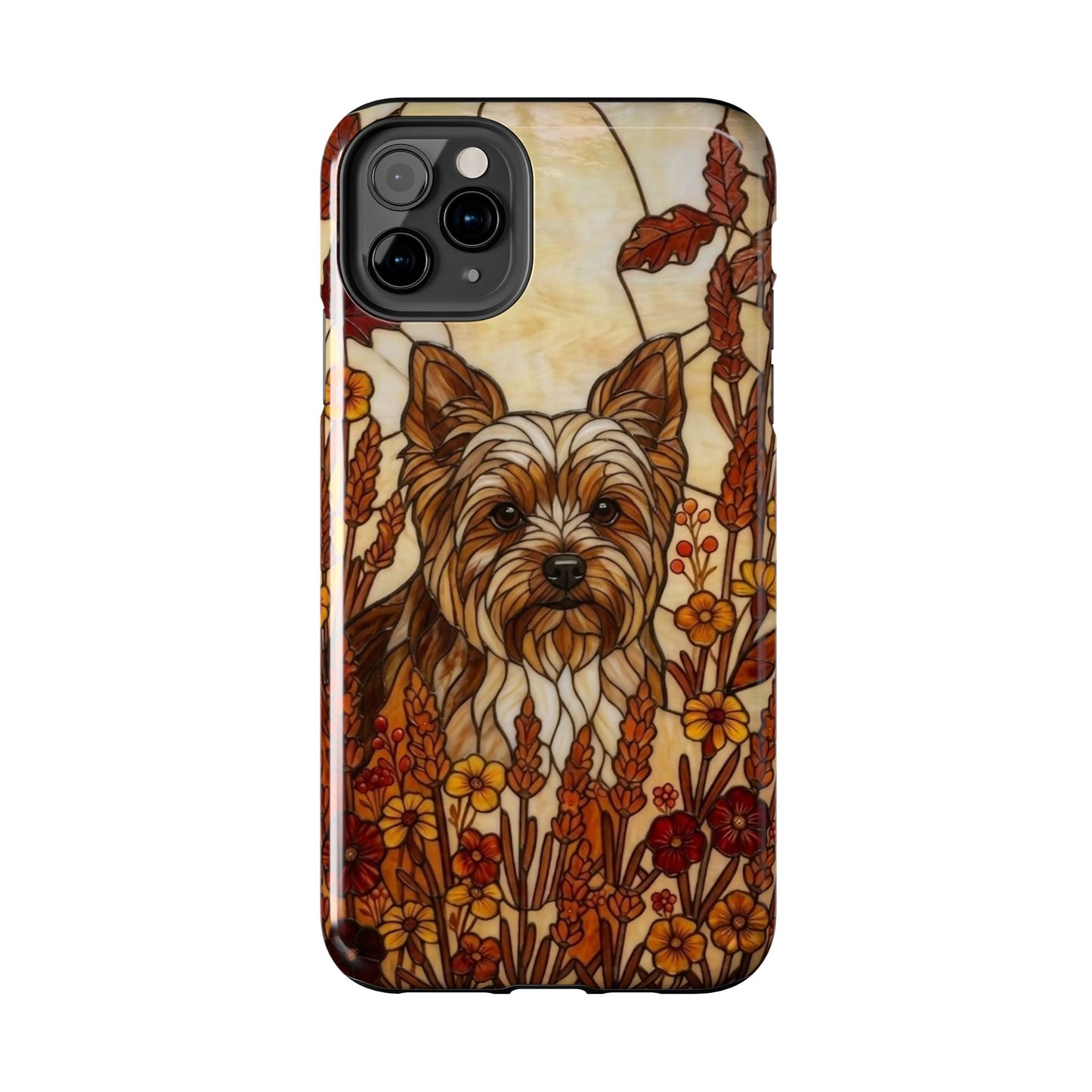 Phone case with a dog illustration and floral design on a white background
