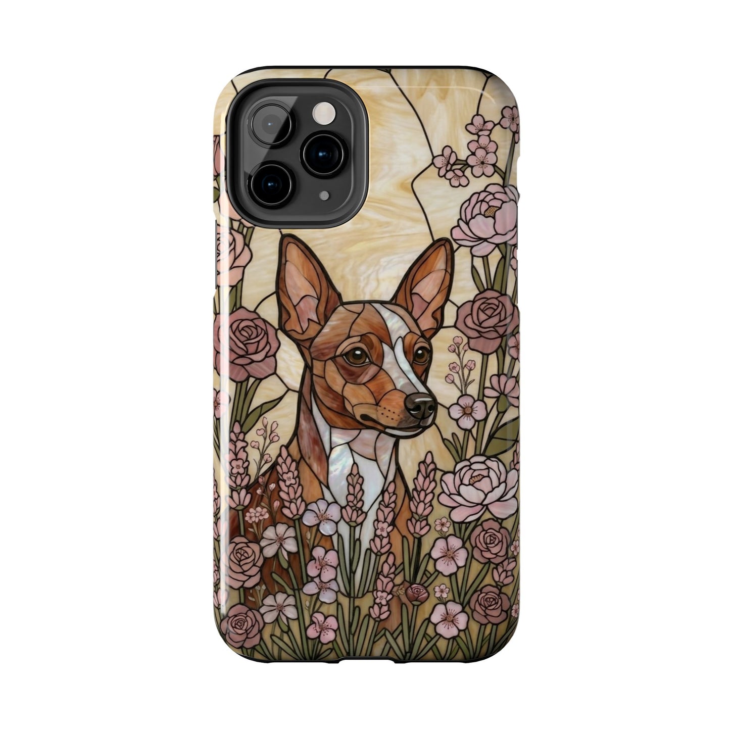 Phone case with a dog and floral design on a beige background