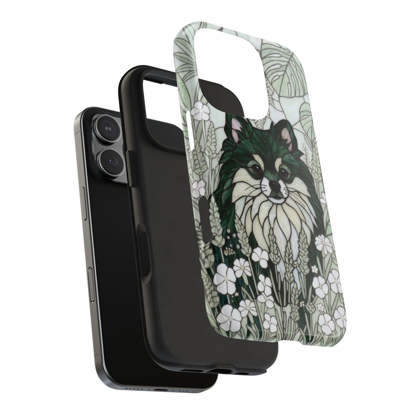 Pomeranian Stained Glass Style Tough Case — Botanical Green Theme