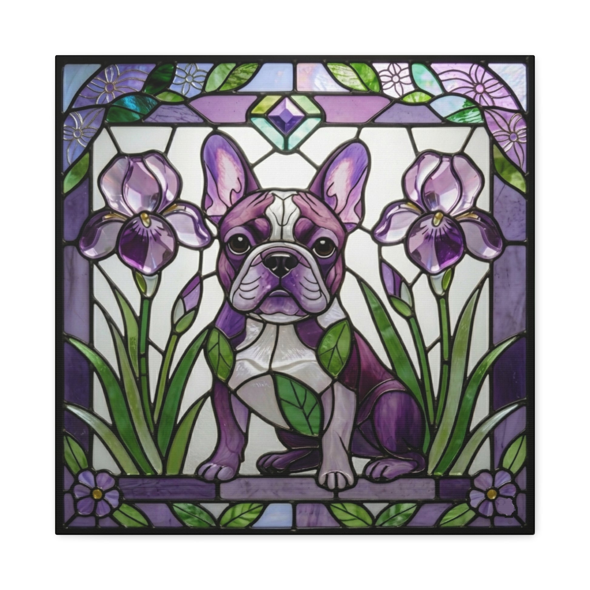 Stained glass-style artwork of a dog and flowers with a purple and green color scheme.