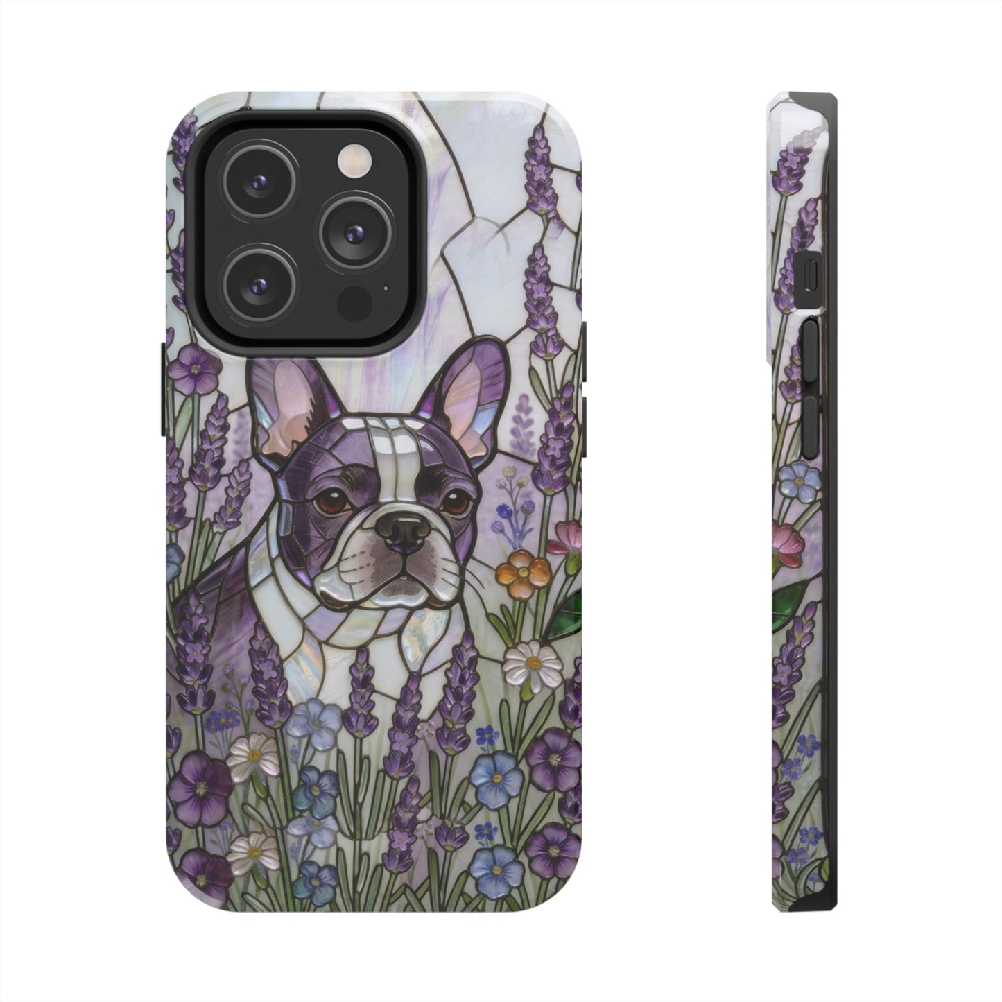 Frenchie Stained Glass Style Tough Case —Lavender Floral Theme