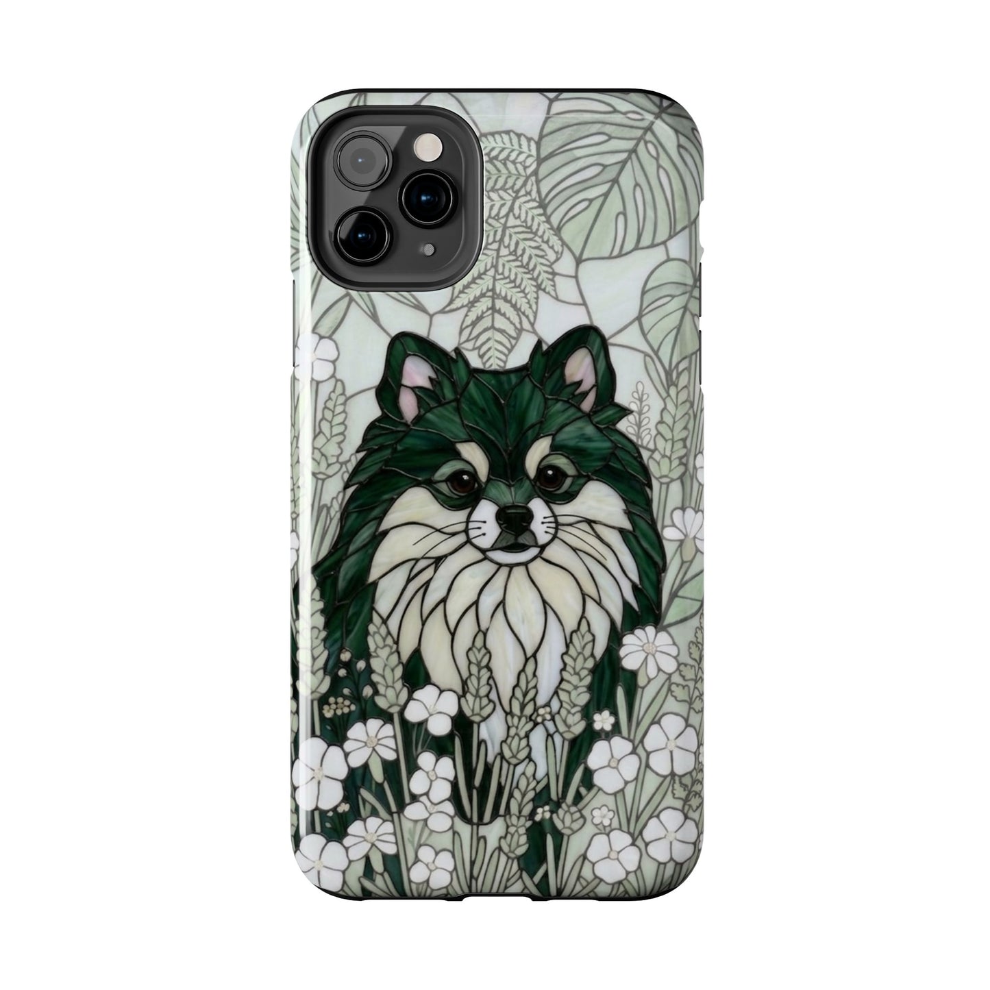 Phone case with a green and white dog illustration on a floral background