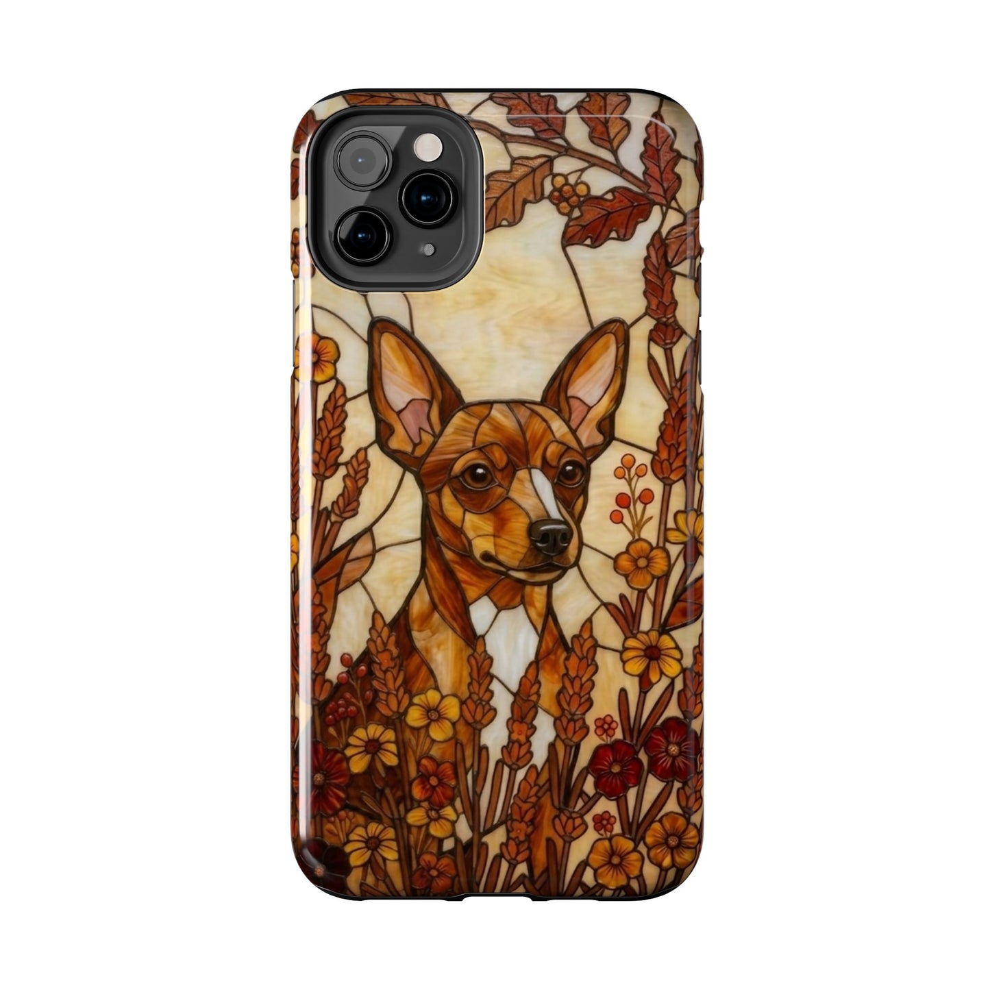 Phone case with a dog illustration in a floral frame on a white background
