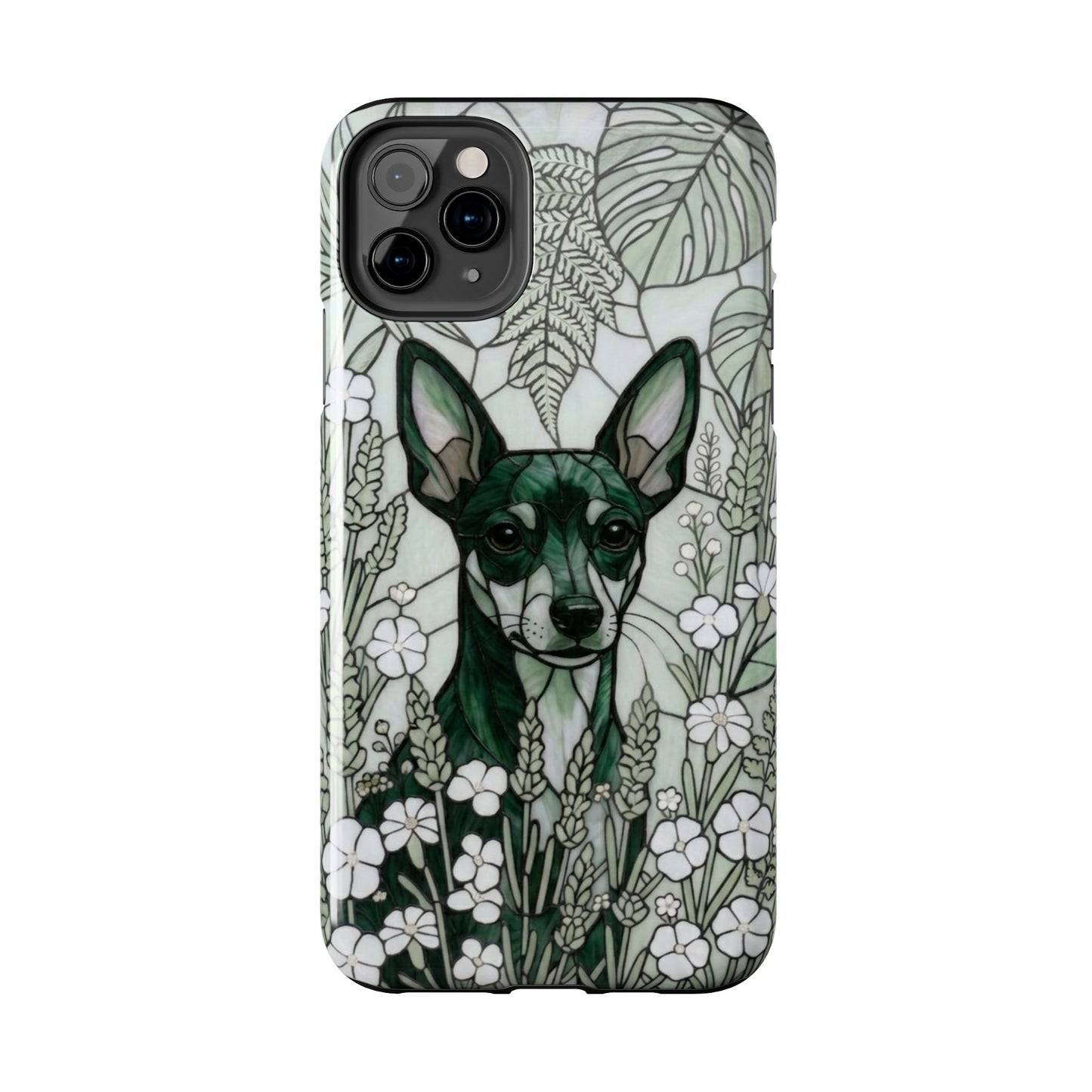 Phone case with a green dog illustration in a floral and leafy pattern on a white background