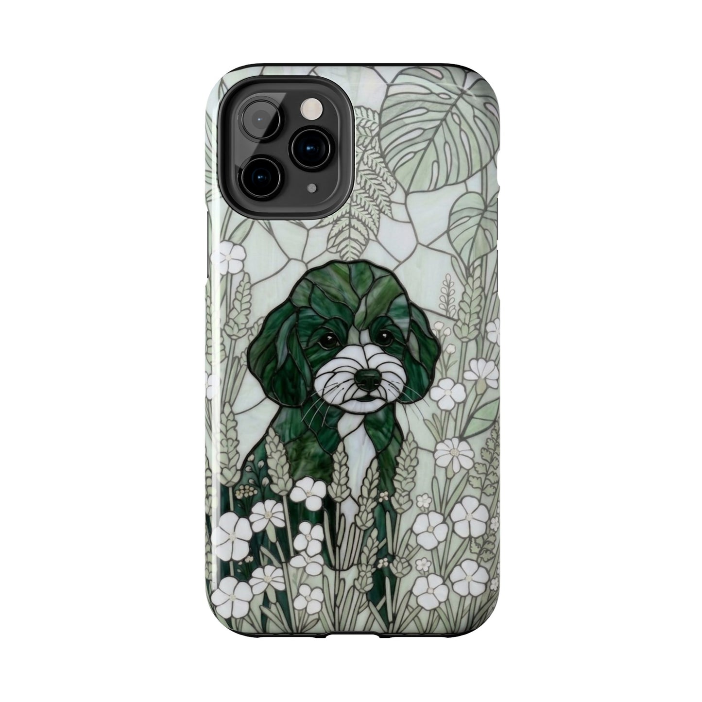 Phone case with a dog illustration on a floral and leaf patterned background